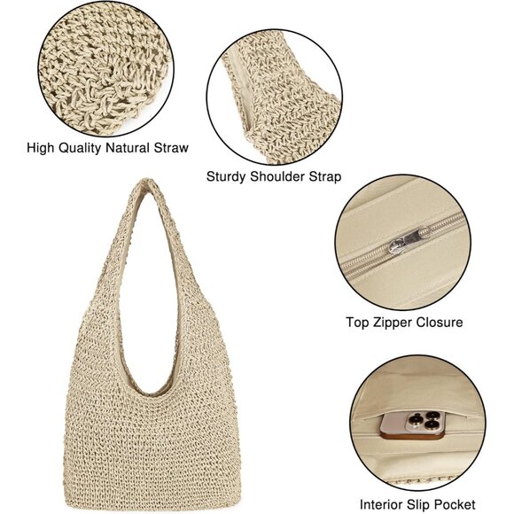 Women's Beige Large Straw Beach Bag Handmade Woven Shoulder Hobo Tote Handbag - Picture 3 of 6